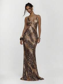 MUSERA 系带前胸罩杯细节修身动物纹印花长裙，性感外出，秋季夜游可爱街头风派对优雅春夏度假装 - 卡其色 - 查看 1