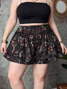 ROMWE Fairycore Boho Wear 夏季嬉皮度假風植物印花大尺碼女款荷葉邊下擺 A 字短褲，附鬆緊腰帶 - 黑色 - 查看 3