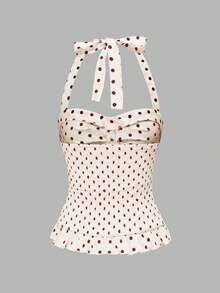 ROMWE Avant Conjunto de camisola con escote halter sin espalda con estampado de lunares y cuadros, estilo romántico de vacaciones para mujer - Marrón Mocha - Ver 2