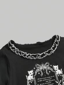 ROMWE Gothic Magic Cat Bow Star Print Contrast Color Ruffle Hem Black Top, Sweet Gothic Girl Top, Plus Size Women Top Valentine's Day - Black - View 4