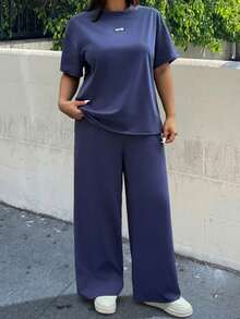 Muchica Conjunto de 2 piezas de talla grande con decoración de aplicaciones, top de cuello redondo y manga corta, y pantalones - Conjunto casual de 2 piezas para mujer, cómodo, para otoño/invierno, ropa de mujer para el otoño - Azul - Ver 3