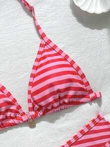SHEIN Bikini de cuello halter sin espalda a rayas de colores para adolescentes, ideal para verano y vacaciones en la playa - Multicolor - Ver 4