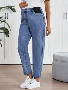 SHEIN Maternity Blue Denim Flared Cuff Pants - Medium Wash - View 4