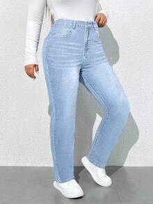 SHEIN Tall CURVE 大码女式高腰口袋修身休闲百搭牛仔裤 - 淺色水洗藍 - 查看 6