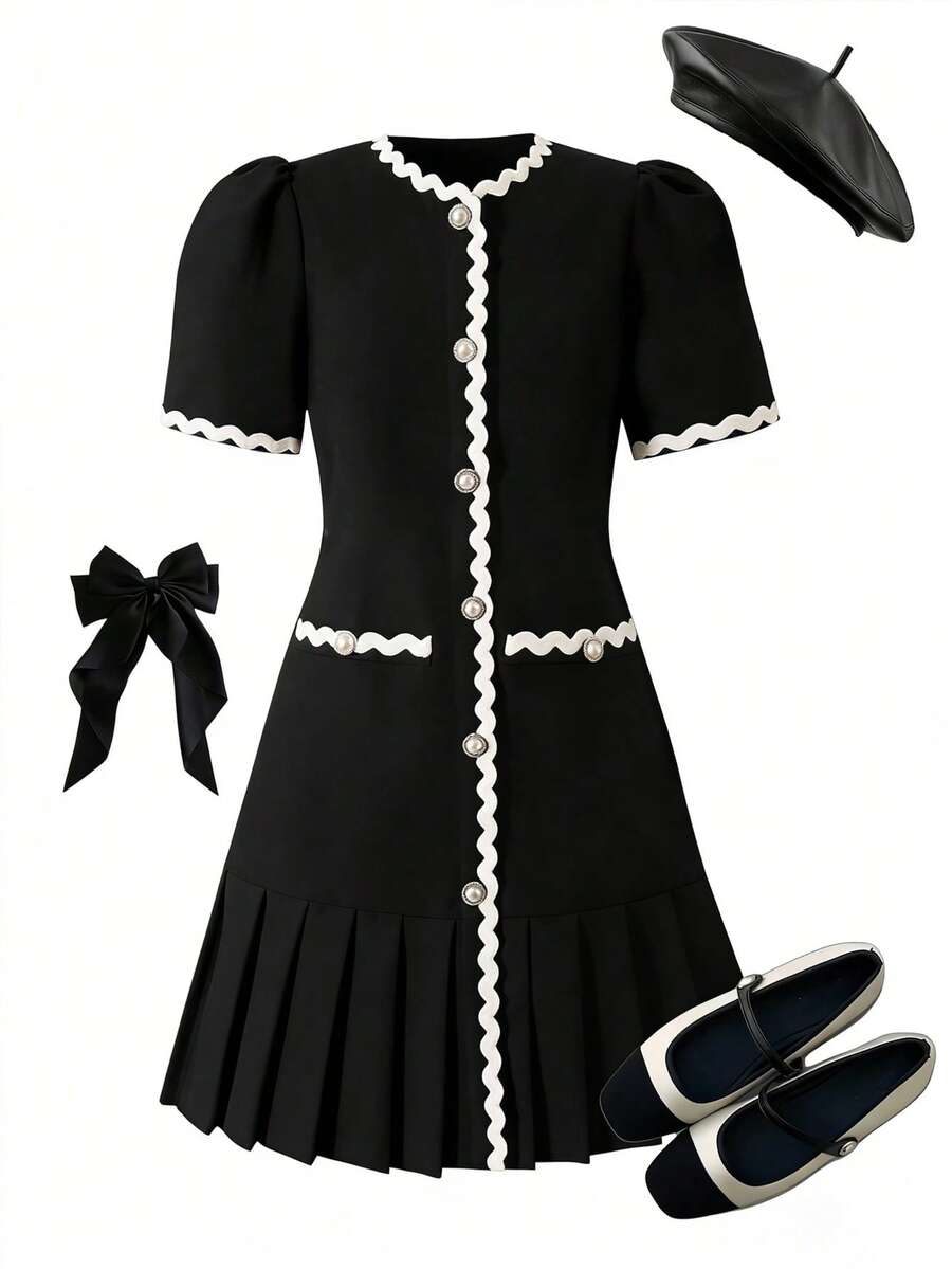 Girls' Back-To-School Elegant School Pleated Dress,Black And White Scalloped Trim Wave Ribbon Outfit,Spring/Summer Minimalist Solid Color For Autumn - Black - View 1