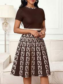 SHEIN Lady Women's Geometric Print Patchwork Round Neck Short Sleeve Elegant Dress - Brown - View 4