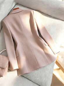 Franclia 休闲通勤百搭单扣修身条纹面料春秋季卡其色女士西装外套，女士夹克，女士休闲外套，女士条纹西装外套 - 粉色 - 查看 2