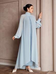 Graceveil 女士优雅奢华飘逸雪纺褶皱领双层连衣裙，适合派对穿着 - 淺藍色 - 查看 5