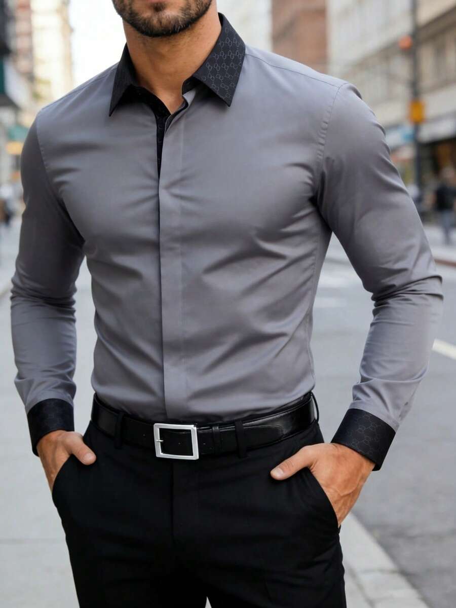 Manfinity Bizformal 男士商务休闲深色拼接长袖衬衫 - 灰色 - 查看 1