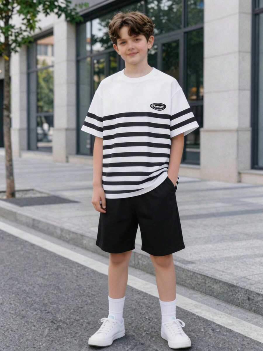 青少年男童字母条纹印花圆领短袖T恤和短裤休闲套装 - 彩色 - 查看 1