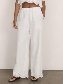 COSMINA Women's Elegant White Classy Embroidered Wide Leg Pants,Autumn Beach Holiday Palazzo Trousers,Versatile Office Casual Bohemian Linen Summer Pants - White - View 5