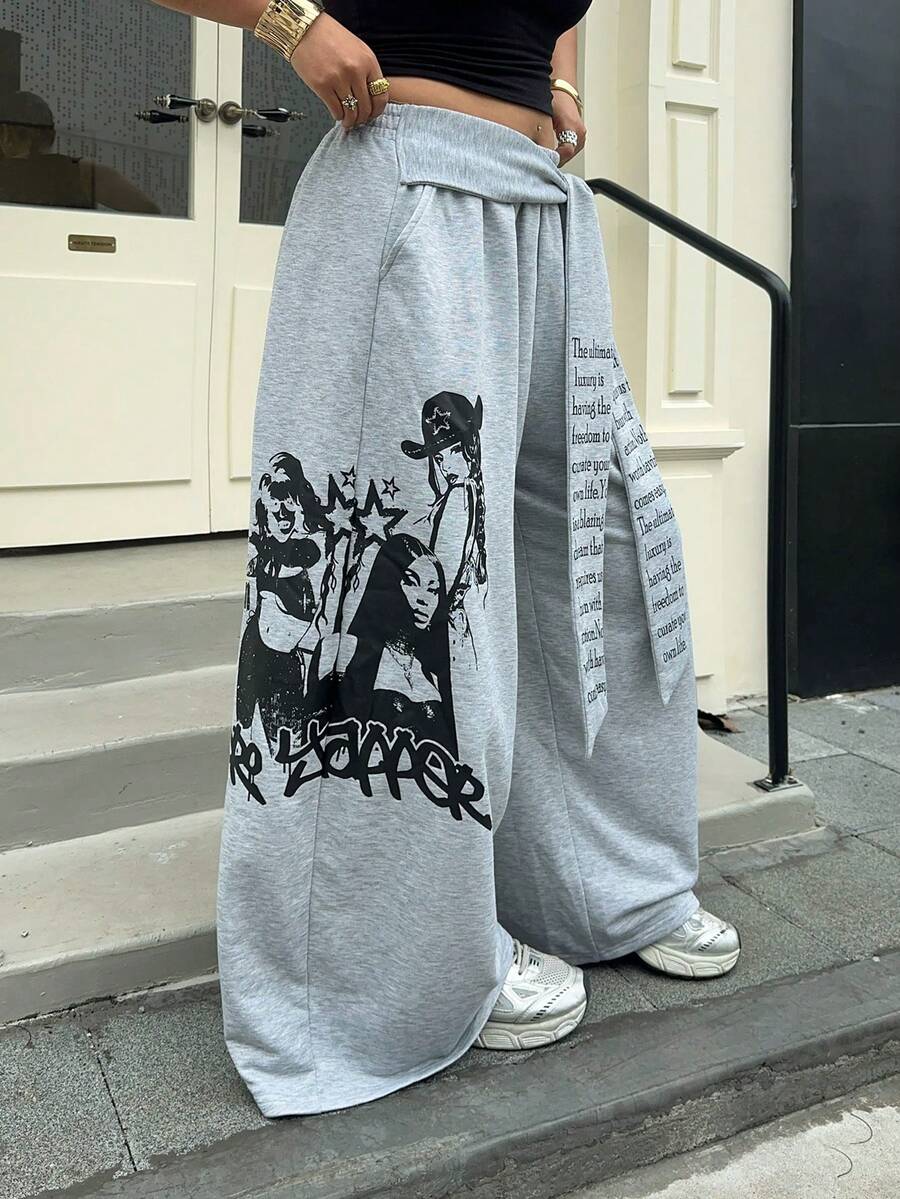 Muchica 大码女式休闲时尚街头标语印花扭结前片宽松阔腿运动裤 - 灰色 - 查看 1