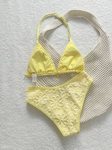 SHEIN Áo tắm bikini hai dây màu kem dành cho thiếu nữ, thích hợp cho kỳ nghỉ hè ở bãi biển. - Màu vàng - Xem 2