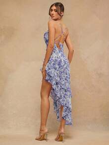 L'Amorae Women's Floral Print Ruffled Neck Asymmetric Hem Elegant Spaghetti Strap Vacation Dress - Purple - View 4
