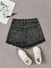 SHEIN Quần short denim rách của cô gái tuổi teen có viền và túi sờn - Màu Xám nhạt - Xem 3