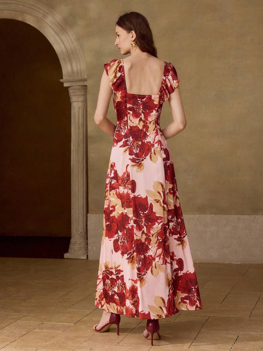 MOTF PREMIUM WOMEN'S SATIN PRINTED LONG DRESS, SPRING/SUMMER - Pink - View 2