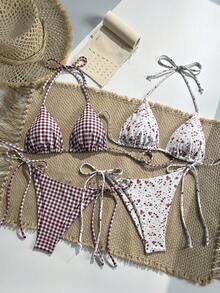 Swim Mod Bộ 2 món bikini nữ buộc dây cổ yếm họa tiết hoa nhí, kiểu dáng tối giản thanh lịch cho kỳ nghỉ biển. - Nhiều màu - Xem 1