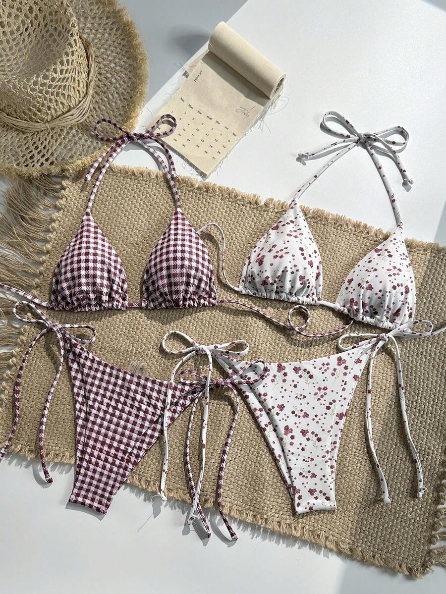 Swim Mod Bộ 2 món bikini nữ buộc dây cổ yếm họa tiết hoa nhí, kiểu dáng tối giản thanh lịch cho kỳ nghỉ biển. - Nhiều màu - Xem 1