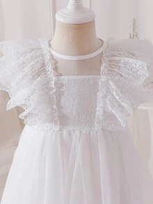 Glamorique Kids Đầm tay ngắn cổ tròn phối ren lưới tương phản thêu hoa mới cho bé gái mùa xuân/hè. - trắng - Xem 8