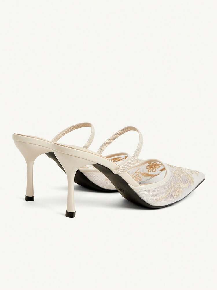 CUCCOO CHICEST Women's Beige Lace Mesh Embroidery Pointed-Toe Stiletto Heels - Bridal Wedding Guest Elegant Formal Pumps