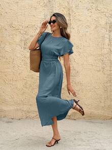 SHEIN Frenchy Women's Solid Color Round Neck Short Sleeve Waist Ruched Casual Mid-Length Dress - Blue - View 3