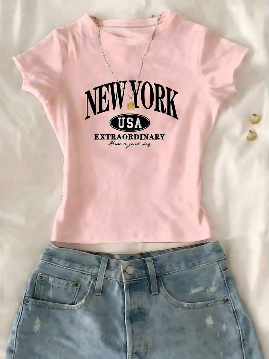 SHEIN 少女修身印花上衣,简约图案设计,适合夏季、秋季和返校季休闲穿着,纽约可爱校园粉色 - 粉色 - 查看 1