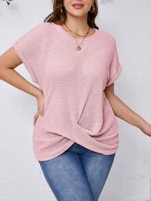 SHEIN Clasi Plus Size Women's Solid Color Round Neck Short Sleeve Casual T-Shirt With Criss-Cross Hem Design - Pink - View 3