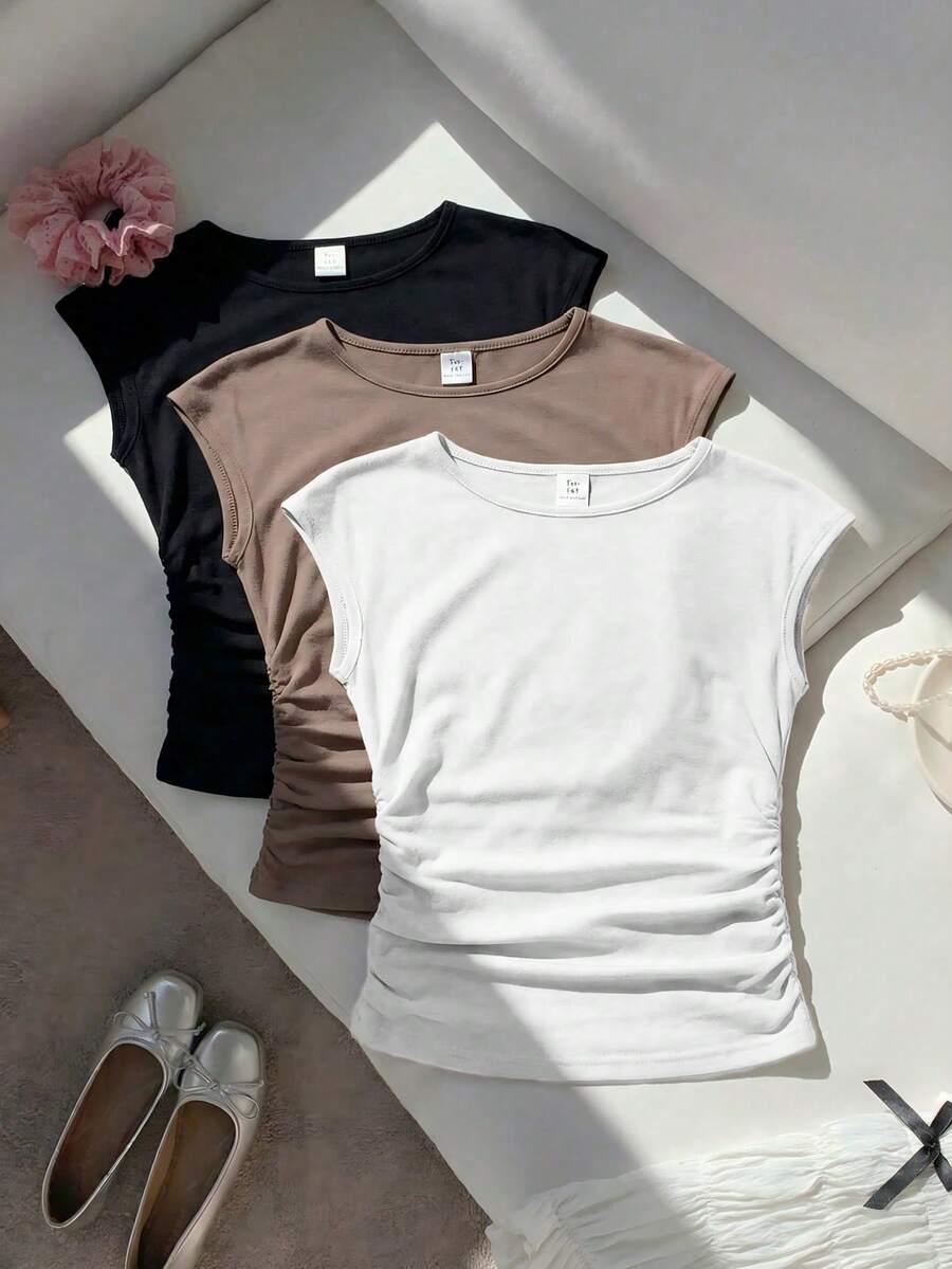 SHEIN 青少年女孩 3 件組黑白夏季休閒 Play Boy 校園風 T-shirt,圓領無袖修身上衣,側邊皺褶設計,生日舞會棕色 - 棕色 - 查看 1
