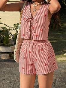 VCAY Set de 2 piezas de top sin mangas con nudo delantero y estampado de rayas y shorts, conjunto informal de verano para mujer - Rojo y blanco - Ver 6