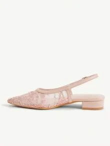 CUCCOO CHICEST Giày nữ mũi nhọn đế dày màu hồng, dây buộc lưới, kiểu dáng gợi cảm, thanh lịch, phù hợp với váy, hàng ngày, dự tiệc, giày bệt, giày quai hậu, giày cưới, giày mùa xuân, giày cô dâu. - Hồng - Xem 7