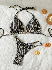 Elavelle Women's Halter Tie Back Zebra Stripe Thong Bikini Set Multicolor Fabric - Multicolor - View 7
