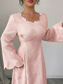 Yasmyna Đầm chữ A thanh lịch kiểu Ả Rập màu xanh lá cây pha lê, chất liệu jacquard, thắt dây, dành cho nữ. - Hồng - Xem 5