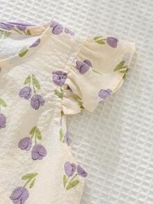 Cozy Pixies Conjunto de top de manga abullonada con lazo de color contrastante y estampado floral y pantalones anchos estampados para niña - Multicolor - Ver 5