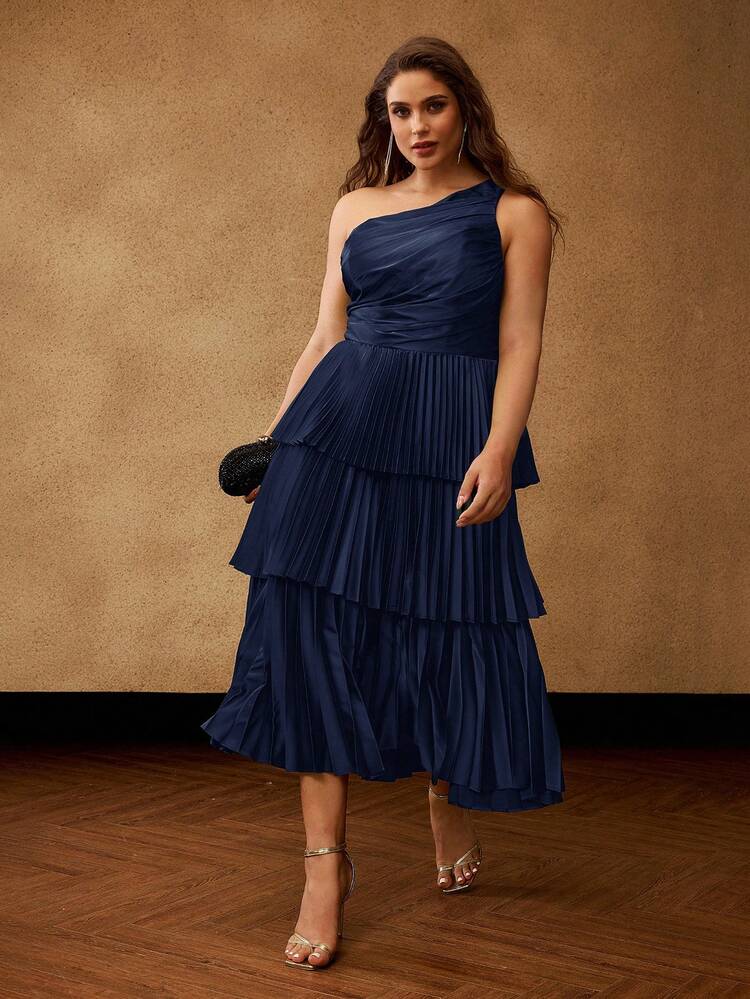 PLUS SIZE WOMEN'S PARTY PLEATED ASYMMETRICAL NECK DRESS