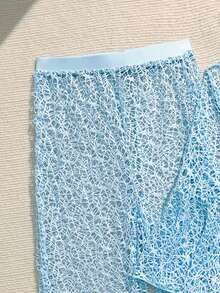 SHEIN Bộ bikini hai dây cho bé gái tuổi teen, gồm áo hai dây, quần tam giác, áo tay loe thắt nút và quần ống rộng, thích hợp cho kỳ nghỉ. - Màu xanh lam - Xem 4