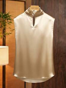 SHEIN Franclia Áo tank top không tay cổ xếp ly ôm sát, thanh lịch, đa năng, phong cách vintage, thích hợp cho mùa xuân/hè. - Rượu sâm banh - Xem 2