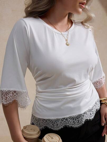 Elegantrix 大码女式圆领法式休闲透视蕾丝腰部褶皱T恤，春夏款