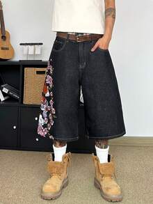 STEELVANCE 复古街头风时尚百搭老虎刺绣设计宽松直筒休闲牛仔短裤，夏季必备 - 黑色 - 查看 4