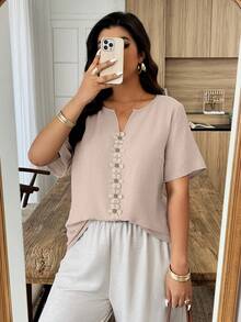 Weeklong Plus Size Women's Spring/Summer Vacation Floral Patchwork Ruffle Trim Loose Short Sleeve Top - Apricot - View 4