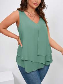 SHEIN Clasi Plus Size Solid Color V-Neck Layered Sleeveless Elegant Blouse - Mint Green - View 4