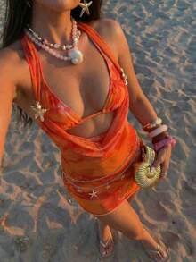 Aloruh 女士三件套泳装：比基尼、罩衫和迷你连衣裙，花卉印花，橙色调，浪漫热带雨林印花，沙滩装，海滩度假装，女士比基尼罩衫连衣裙，女士沙滩装，女士比基尼套装（含罩衫），女士夏季沙滩装，女士泳装（含罩衫），女士性感连衣裙，女士泳装（含罩衫） - 橘色 - 查看 9
