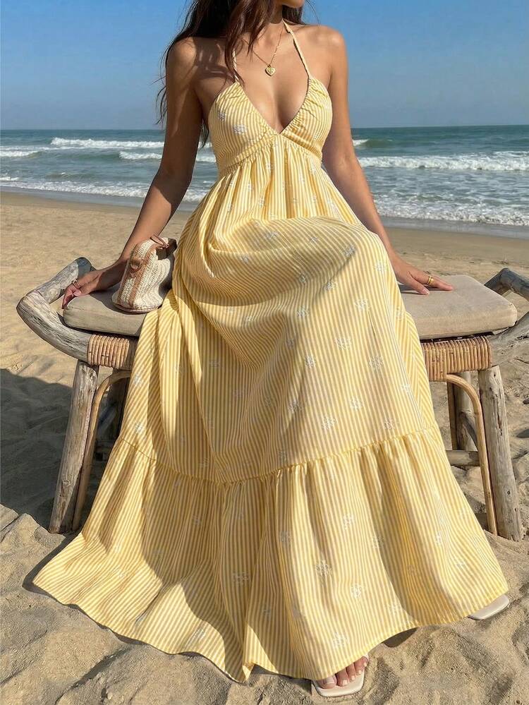 Sunnyshic Vestido Feminino Listrado Azul de Verão com Decote em V Francês, Halter, Costas Abertas, Laço na Cintura, Estilo Sexy e Romântico para Praia e Férias - Amarelo - Visão 1