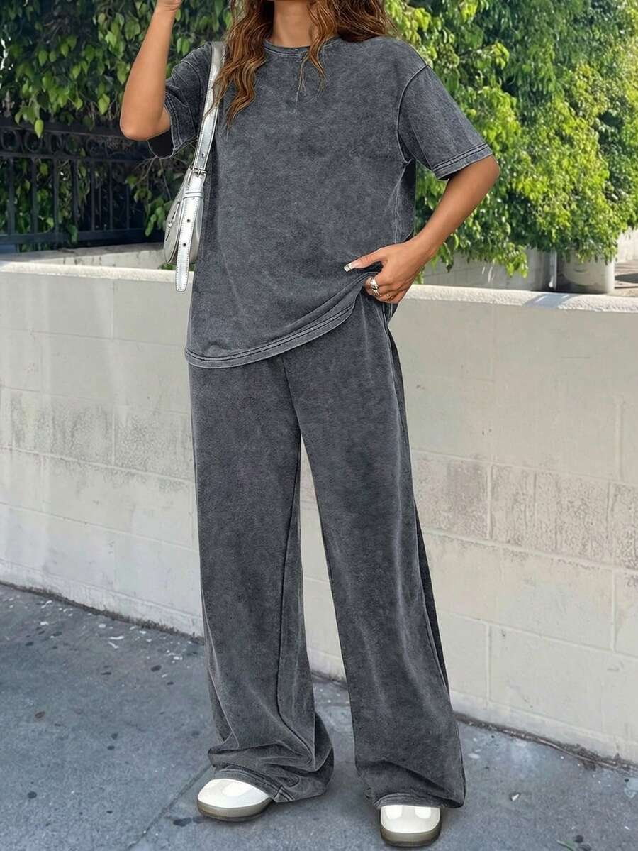Muchica Plus Size 2pcs Set: Distressed Acetate Gray Melange Loose T-Shirt + Wide Leg Pants, Cotton Suit, Comfortable Spring/Summer Outfit Casual Sets For Women - Dark Grey - View 1