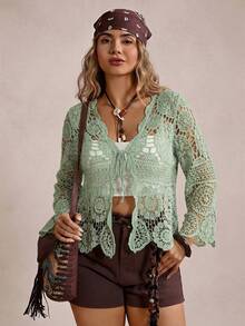 Freevana Cardigan Rajut Wanita Ukuran Besar dengan Ikatan Depan dan Lubang-lubang untuk Liburan Musim Gugur - Mint Green - View 4