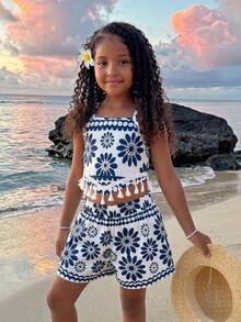 SHEIN Sparklyn Girls Polyester Blue Plant Pattern Shirred Crop Top And Shorts Set Spaghetti Strap Vacation Co-Ord - Blue - View 3