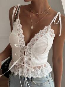 Áo tank top nữ dáng ôm, phối ren, thắt nơ, thích hợp cho mùa xuân và mùa hè. - trắng - Xem 5