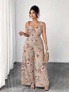 Elenzga Tuta ampia con lacci, casual e romantica, adatta per le vacanze, taglie comode - Beige - Visualizzare 7