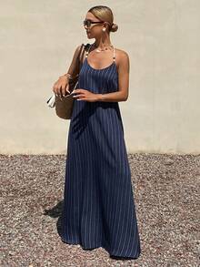 Livesso 夏季度假装扮：串珠V领条纹宽松中长连衣裙（女款） - 藏蓝色 - 查看 3