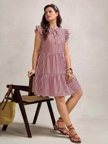 Zelara Plus Size Women Casual Striped Cap Sleeve Dress - Burgundy - View 4