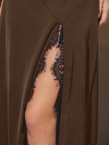 Maija Đầm ren phối ren tay ngắn cổ tròn xẻ cao dành cho nữ năm 2026 - màu nâu - Xem 7